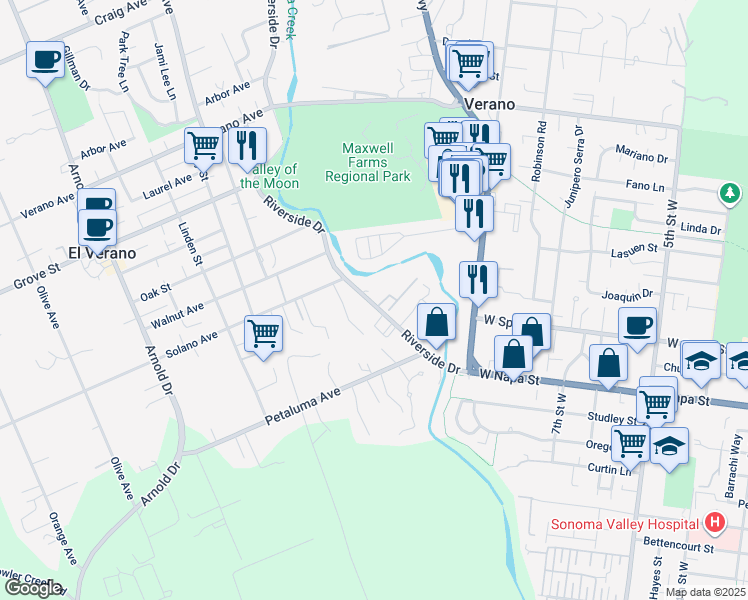 map of restaurants, bars, coffee shops, grocery stores, and more near 134 Tuscany Place in Sonoma