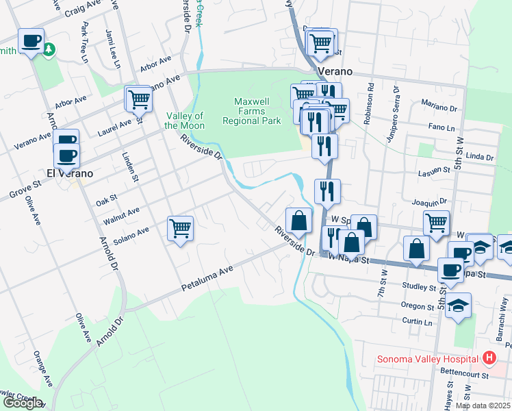 map of restaurants, bars, coffee shops, grocery stores, and more near 138 Tuscany Place in Sonoma