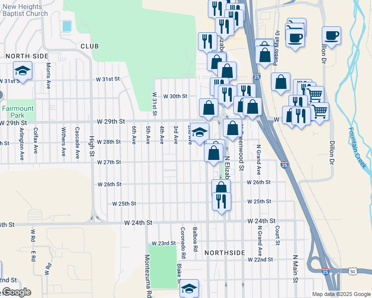 map of restaurants, bars, coffee shops, grocery stores, and more near 2732 3rd Avenue in Pueblo