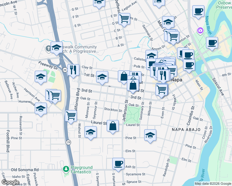 map of restaurants, bars, coffee shops, grocery stores, and more near 1927 2nd Street in Napa
