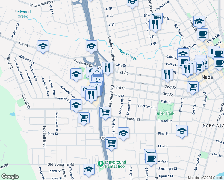 map of restaurants, bars, coffee shops, grocery stores, and more near 2423 3rd Street in Napa