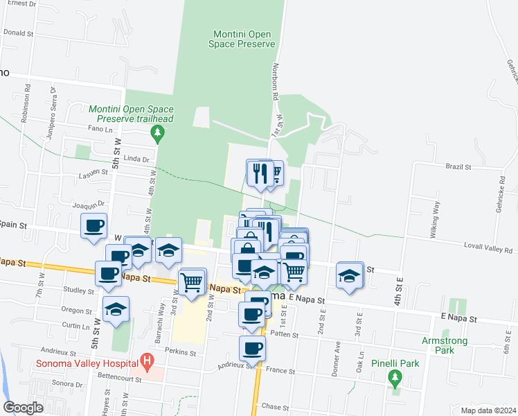 map of restaurants, bars, coffee shops, grocery stores, and more near 241 1st Street West in Sonoma