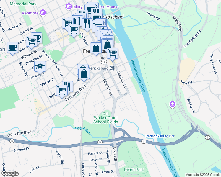 map of restaurants, bars, coffee shops, grocery stores, and more near 241 Charles Street in Fredericksburg