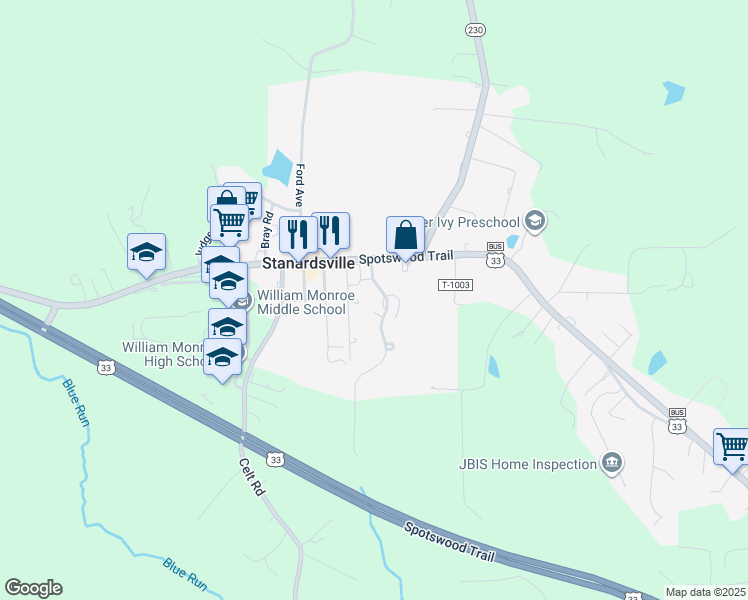map of restaurants, bars, coffee shops, grocery stores, and more near 2-98 Pendleton Way in Stanardsville