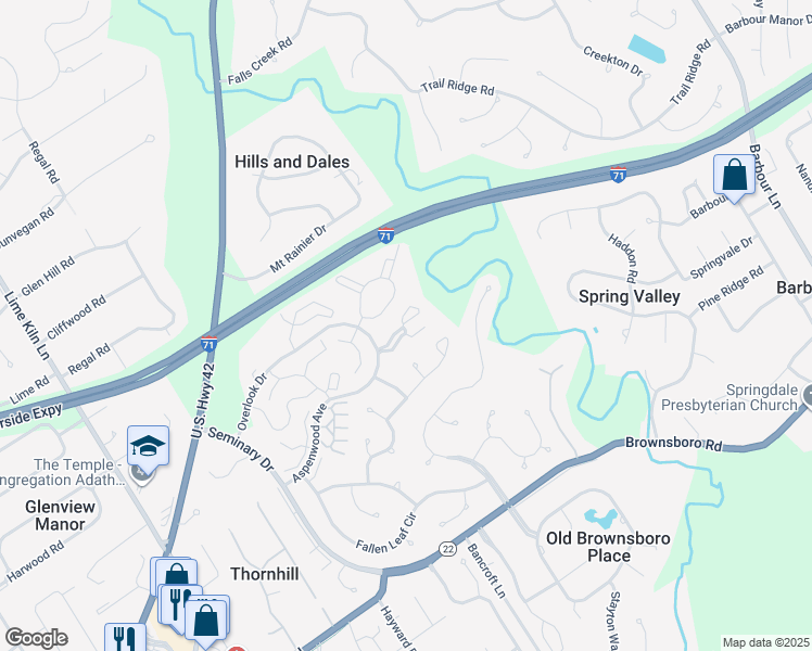map of restaurants, bars, coffee shops, grocery stores, and more near 3300 Aspen Valley Circle in Louisville