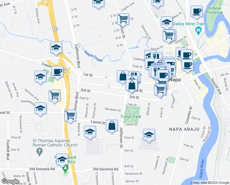 map of restaurants, bars, coffee shops, grocery stores, and more near 1927 2nd Street in Napa
