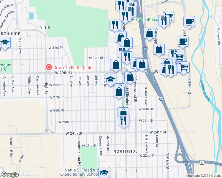 map of restaurants, bars, coffee shops, grocery stores, and more near 2717 West Street in Pueblo