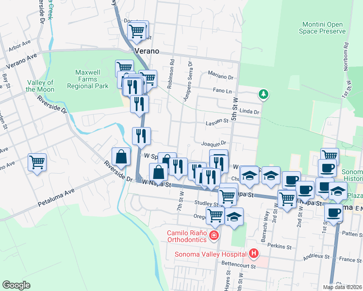 map of restaurants, bars, coffee shops, grocery stores, and more near 19340 Junipero Serra Drive in Sonoma
