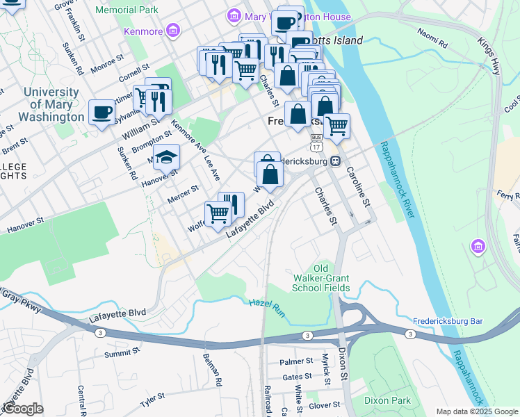 map of restaurants, bars, coffee shops, grocery stores, and more near 613 Lafayette Boulevard in Fredericksburg