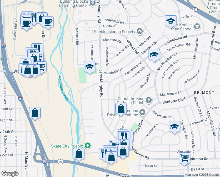 map of restaurants, bars, coffee shops, grocery stores, and more near 1718 Comanche Road in Pueblo