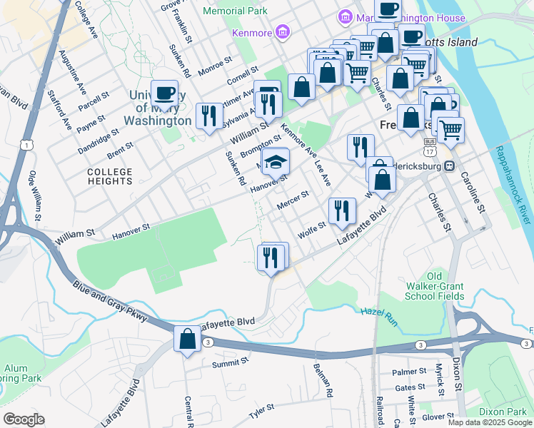 map of restaurants, bars, coffee shops, grocery stores, and more near 543 Willis Street in Fredericksburg