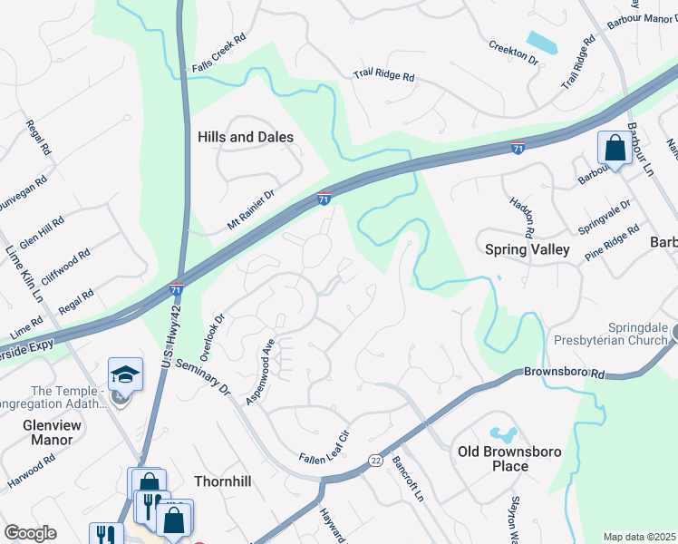 map of restaurants, bars, coffee shops, grocery stores, and more near Aspen Grove Court in Louisville