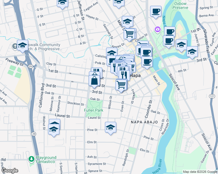 map of restaurants, bars, coffee shops, grocery stores, and more near 1539 1st Street in Napa