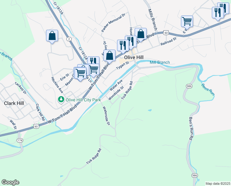 map of restaurants, bars, coffee shops, grocery stores, and more near 625 Woodside Street in Olive Hill