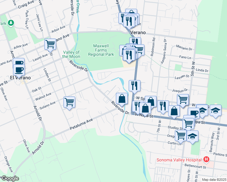 map of restaurants, bars, coffee shops, grocery stores, and more near 164 La Mancha Drive in Sonoma
