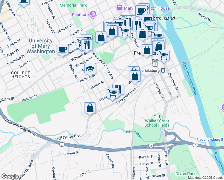 map of restaurants, bars, coffee shops, grocery stores, and more near 605 Weedon Street in Fredericksburg
