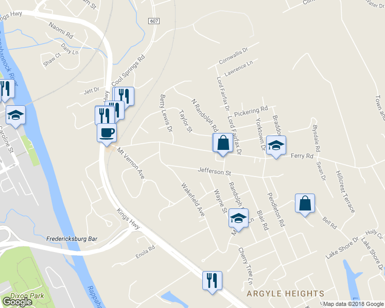 map of restaurants, bars, coffee shops, grocery stores, and more near 463 Ferry Road in Fredericksburg