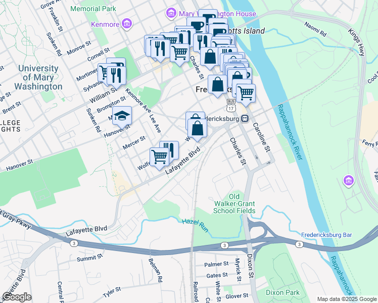 map of restaurants, bars, coffee shops, grocery stores, and more near 613 Lafayette Boulevard in Fredericksburg