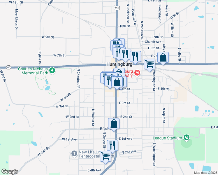 map of restaurants, bars, coffee shops, grocery stores, and more near 312 East 4th Street in Huntingburg