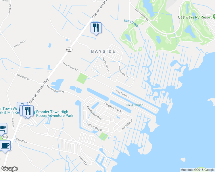 map of restaurants, bars, coffee shops, grocery stores, and more near Snug Harbor Road in Berlin