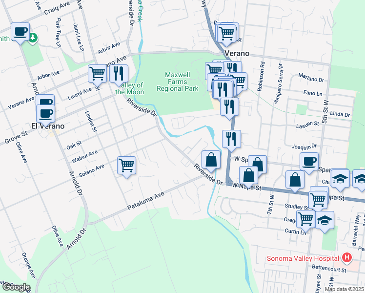 map of restaurants, bars, coffee shops, grocery stores, and more near 222 Tuscany Place in Sonoma
