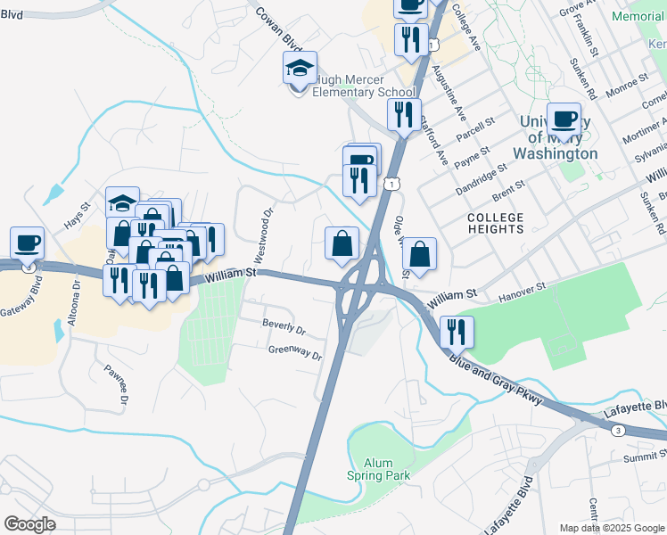map of restaurants, bars, coffee shops, grocery stores, and more near 1671 Jefferson Davis Highway in Fredericksburg