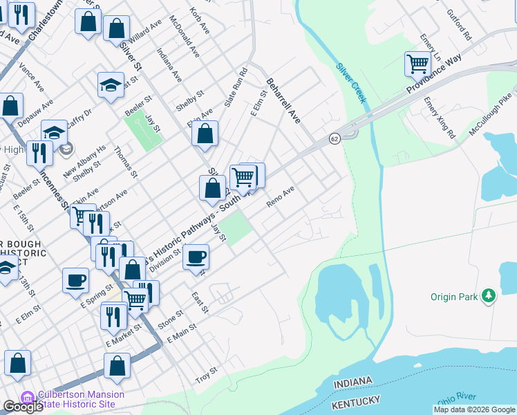 map of restaurants, bars, coffee shops, grocery stores, and more near 2115 Reno Avenue in New Albany