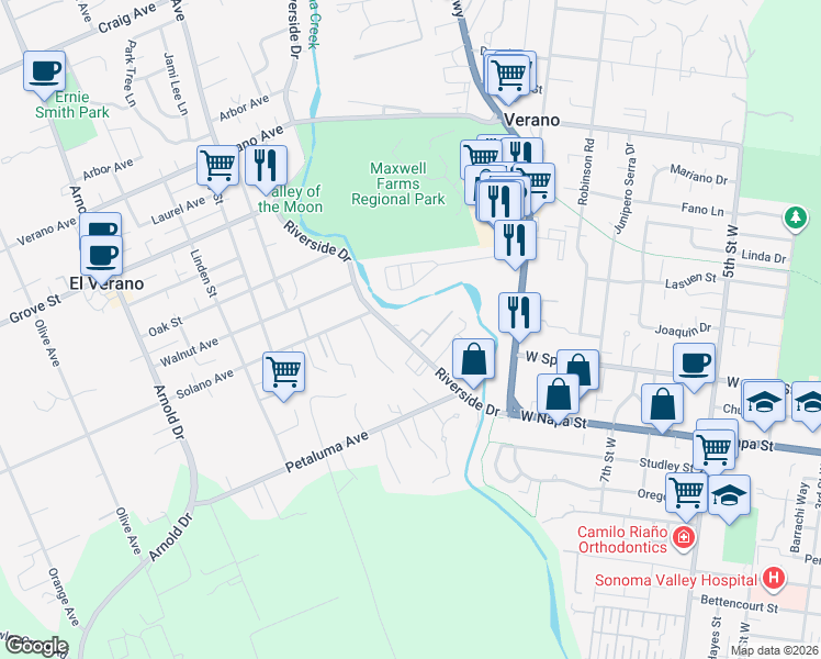 map of restaurants, bars, coffee shops, grocery stores, and more near 238 Tuscany Place in Sonoma