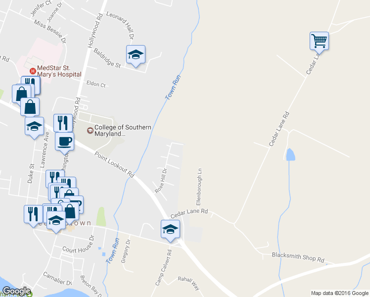 map of restaurants, bars, coffee shops, grocery stores, and more near 41997 Loker Court in Leonardtown