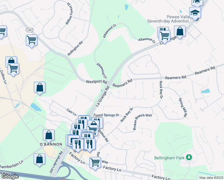 map of restaurants, bars, coffee shops, grocery stores, and more near 13503 Saddlecreek Drive in Louisville