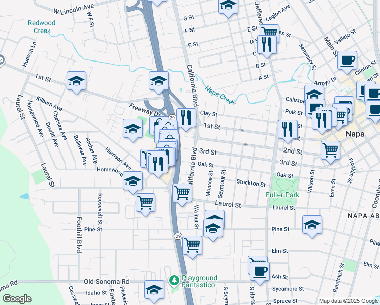 map of restaurants, bars, coffee shops, grocery stores, and more near 2423 3rd Street in Napa