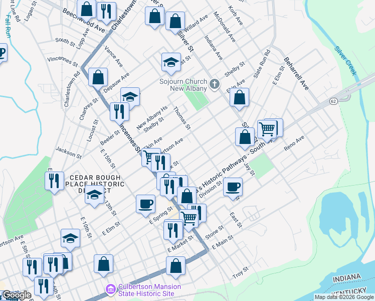 map of restaurants, bars, coffee shops, grocery stores, and more near 1835 East Oak Street in New Albany