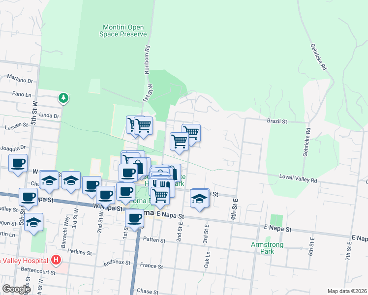 map of restaurants, bars, coffee shops, grocery stores, and more near 36 2nd Street East in Sonoma