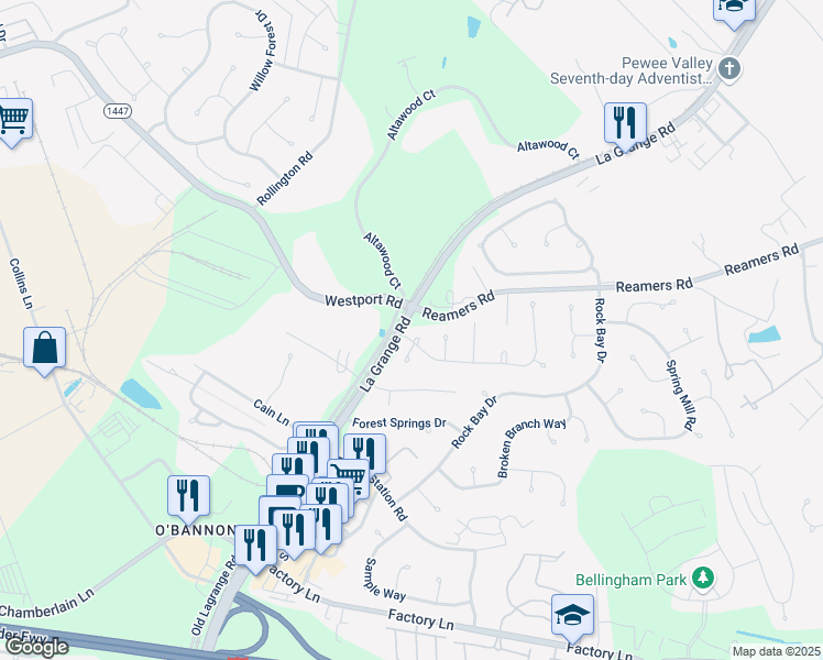 map of restaurants, bars, coffee shops, grocery stores, and more near 13503 Saddlecreek Drive in Louisville