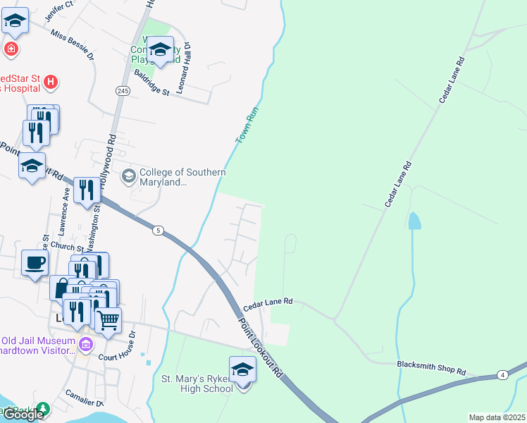 map of restaurants, bars, coffee shops, grocery stores, and more near 41997 Loker Court in Leonardtown