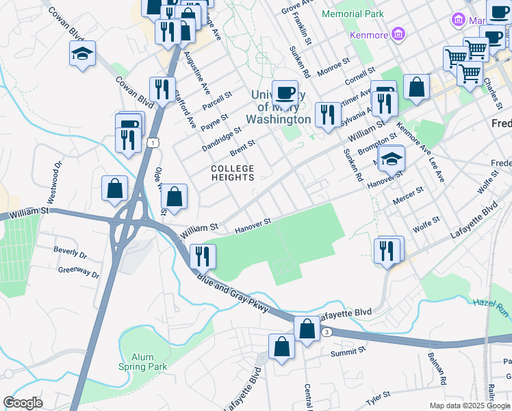 map of restaurants, bars, coffee shops, grocery stores, and more near 1318 William Street in Fredericksburg