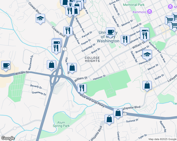map of restaurants, bars, coffee shops, grocery stores, and more near 1418 Buckner Street in Fredericksburg