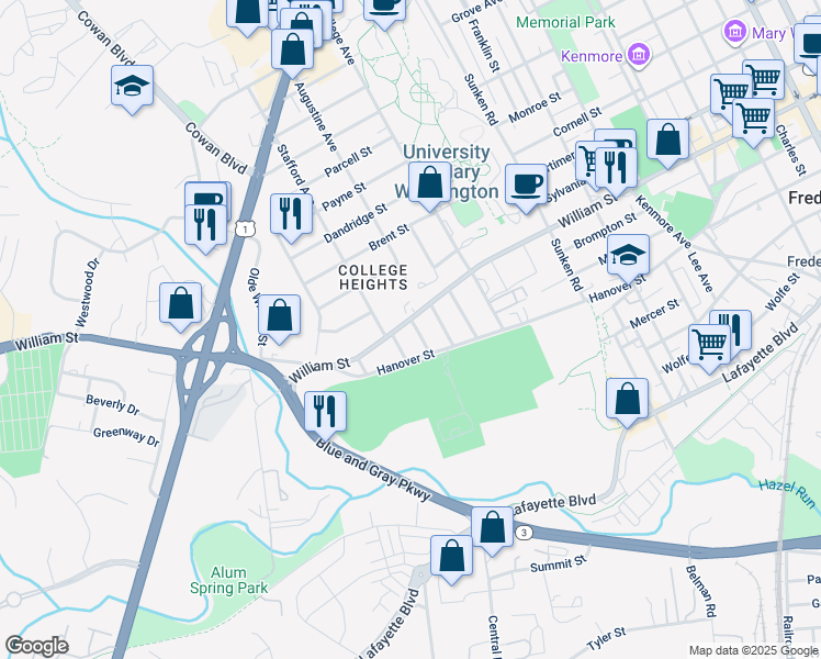 map of restaurants, bars, coffee shops, grocery stores, and more near 1318 William Street in Fredericksburg