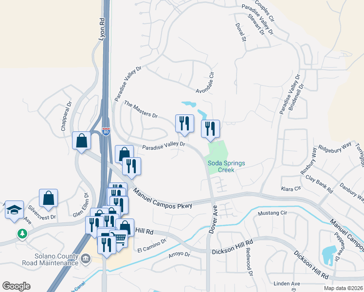 map of restaurants, bars, coffee shops, grocery stores, and more near 817 Walden Court in Fairfield