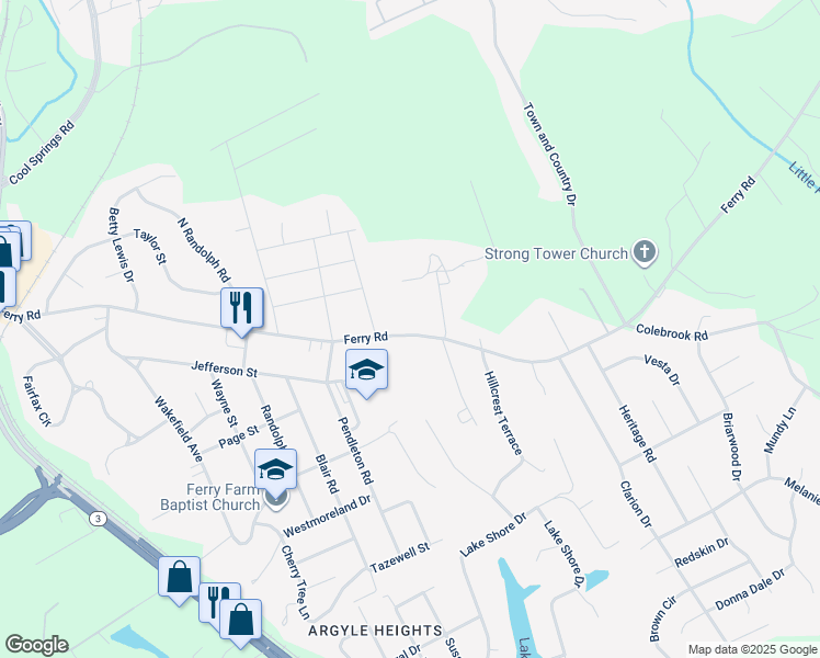 map of restaurants, bars, coffee shops, grocery stores, and more near 356 Ferry Road in Fredericksburg