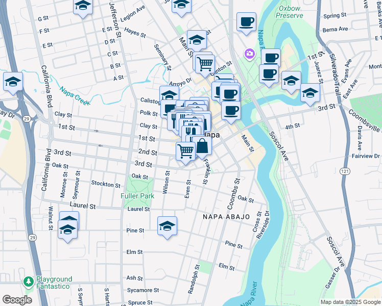 map of restaurants, bars, coffee shops, grocery stores, and more near in Napa
