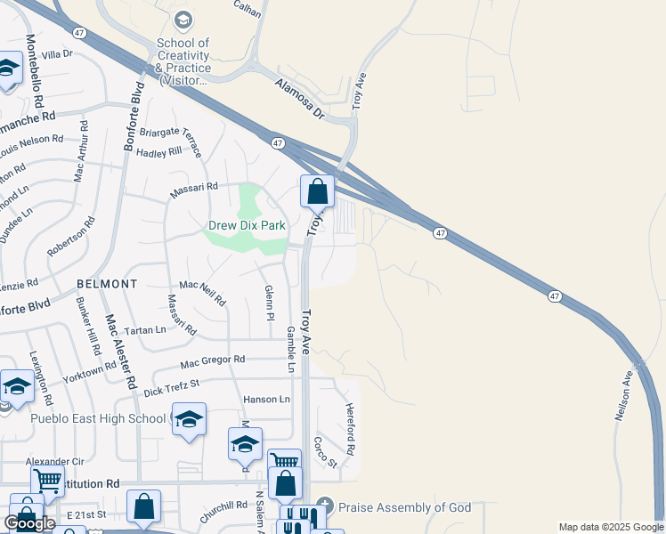 map of restaurants, bars, coffee shops, grocery stores, and more near 2700 Troy Avenue in Pueblo