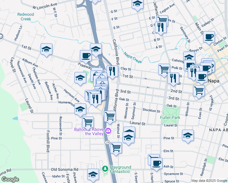 map of restaurants, bars, coffee shops, grocery stores, and more near 2423 3rd Street in Napa