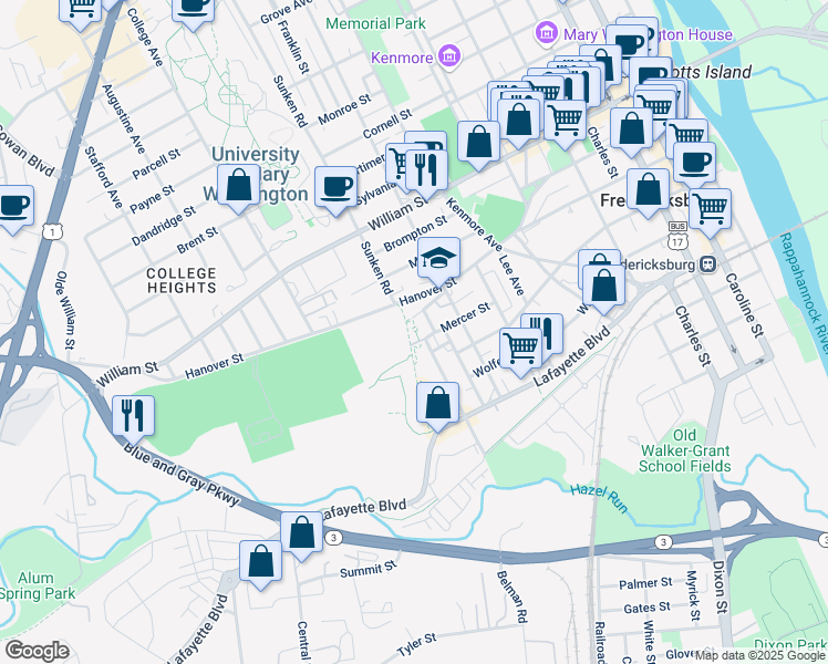 map of restaurants, bars, coffee shops, grocery stores, and more near 701 Sunken Road in Fredericksburg