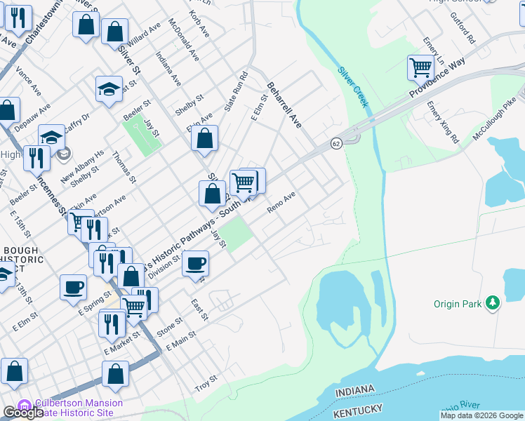 map of restaurants, bars, coffee shops, grocery stores, and more near 2115 Reno Avenue in New Albany