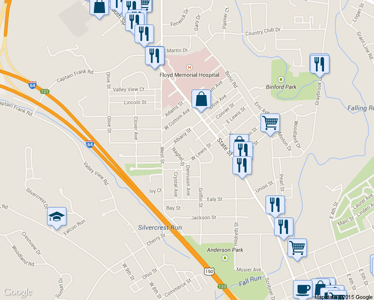 map of restaurants, bars, coffee shops, grocery stores, and more near 1509 Beech Street in New Albany