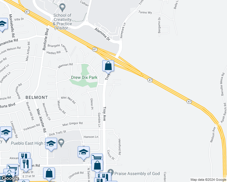 map of restaurants, bars, coffee shops, grocery stores, and more near 2700 Troy Avenue in Pueblo