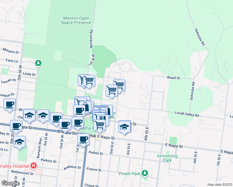 map of restaurants, bars, coffee shops, grocery stores, and more near 36 2nd Street East in Sonoma