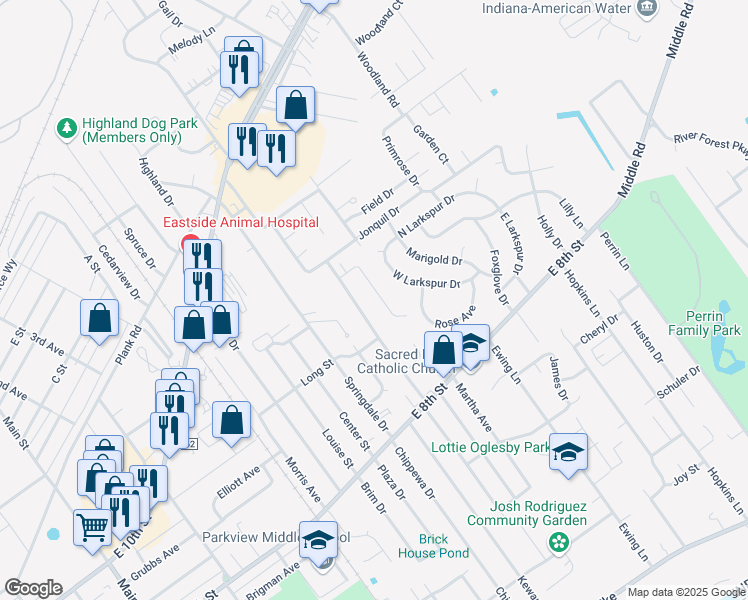 map of restaurants, bars, coffee shops, grocery stores, and more near 913 Camelot Court in Jeffersonville