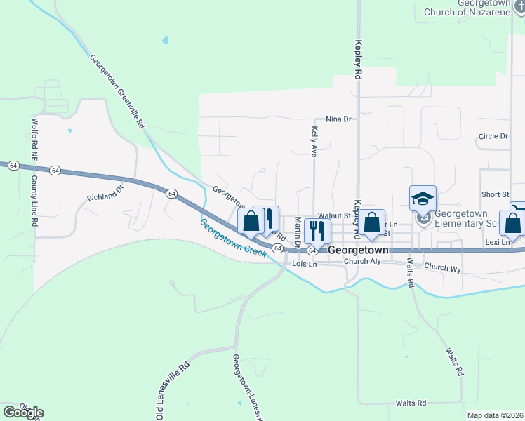 map of restaurants, bars, coffee shops, grocery stores, and more near 9280 Walnut Street in Georgetown